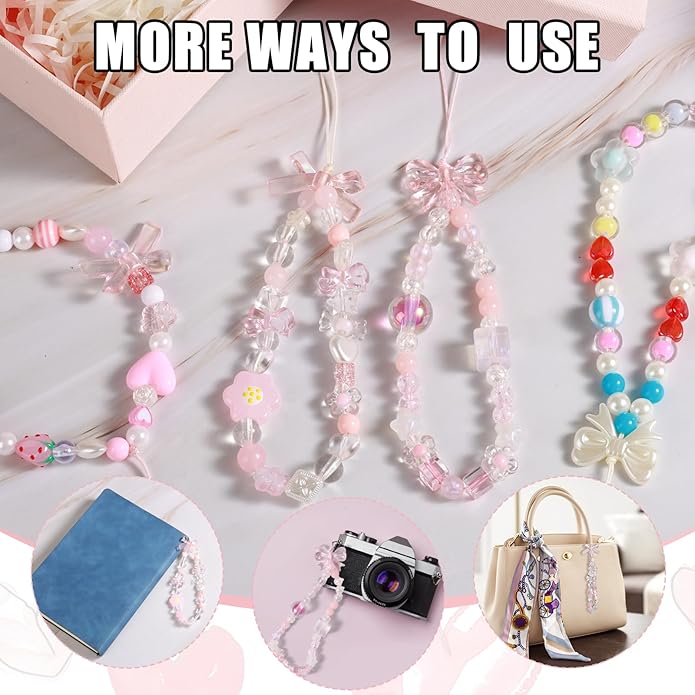 Draupnir 4pcs Phone Charms Strap, Butterfly Bow Camera Strap Wrist Beaded Phone Bracelet Wrist Straps, Pearl Bracelet Lanyard Keychain Charm for Women