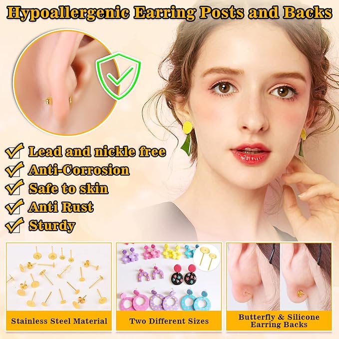 Evatage Jewelry Glue with 1002Pcs Stainless Steel Earring Posts and Backs, Gold Stud Posts with Butterfly and Rubber Bullet Earring Backs for Jewelry Making Supplies Kit