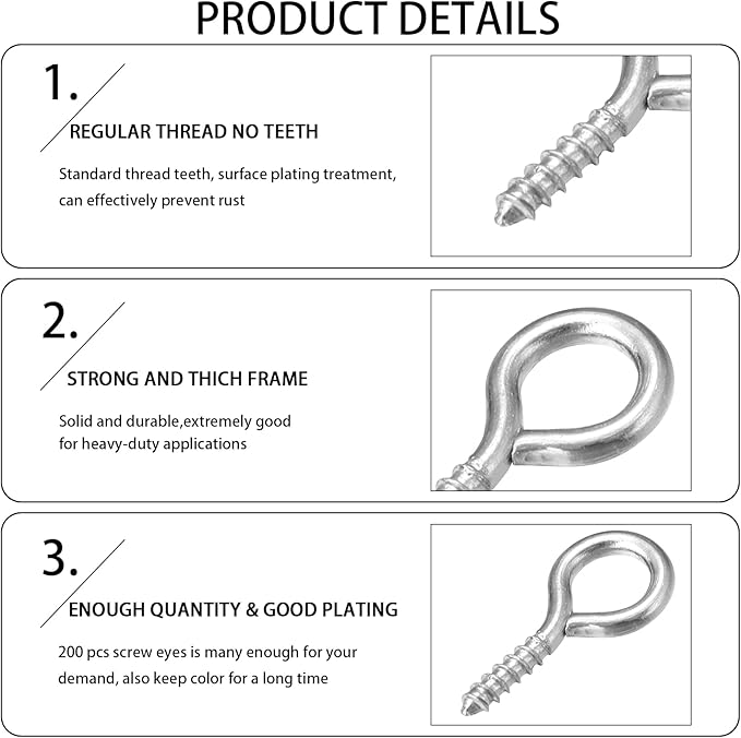 200 Pcs Metal Screw Eye Pins Hooks 7X14mm Heavy Duty Screw Eye Pins for DIY Jewelry Making Rhodium Plated Eye Bolt Arts & Crafts Project