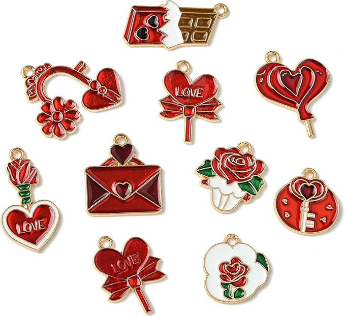 Stiesy 45 Pcs 9 Styles Romantic Sweet Enamel Valentine's Day Charms Red Heart Love Envelope Chocolate Flower Charm Pendant Bulk for DIY Date Necklace Bracelet Earring Presents