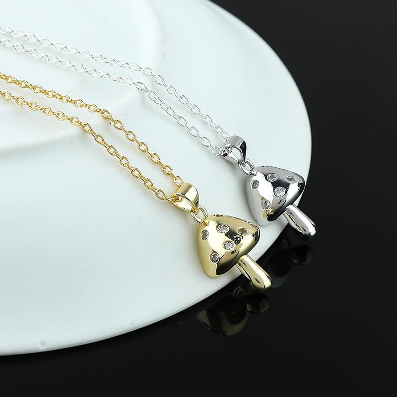 JOR Mushroom Charm Pendant Necklace, Women Jewelry, Dainty Gold & Silver Plated Chain Combo 18 inch (Pack of 2)