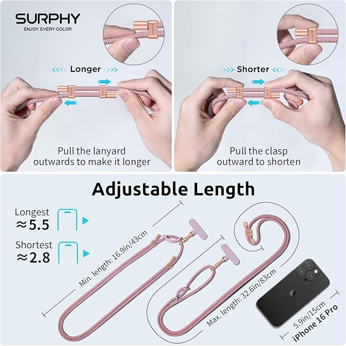 SURPHY Phone Lanyard for Cellphone Case, Phone Strap Crossbody with 2 Pack Tether Tab, Premium Metal Buckles, Cellphone Lanyard Crossbody for Women and Men, Pink & Purple