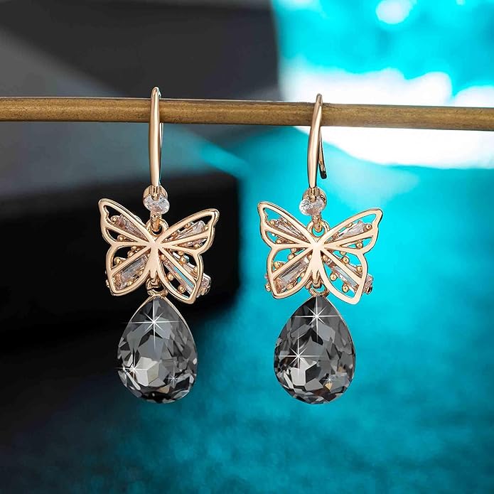 Austrian Crystal Teardrop Butterfly Drop Dangle Earrings for Women 14K Rose Gold Plated Hypoallergenic Jewelry
