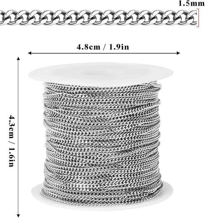 33FT Stainless Steel Cuban Chain Roll 1.5MM Diamond-Cut Curb Link Chains Spool Bulk for Jewelry Making
