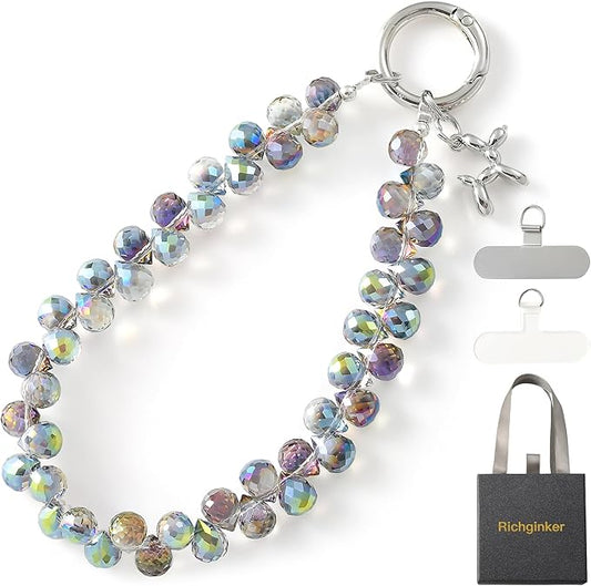 Crystal Phone Wrist Strap Phone Charm Chain Keychain Beaded Cellphone Lanyard with Tether Tab Hands-Free Wristlet Bracelet Wrist Grip Strap for Women, D-Dark Purple