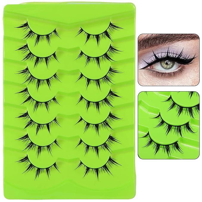 outopen 7 Pairs Manga Lashes Natural Look False Eyelashes Wispy Spiky Anime Lashes Korean Japanese Asian Style Cosplay Fake Eyelashes with Clear Band