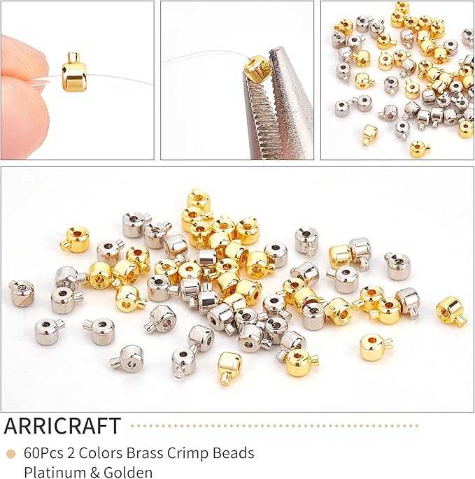 arricraft 60 Pcs Brass Crimp Beads, Loose Rondelle Spacer Beads Crimp Bead Covers Metal Irregular Shape Crimp Charms Accessories for Bracelet Necklace Jewelry Making Silver & Golden