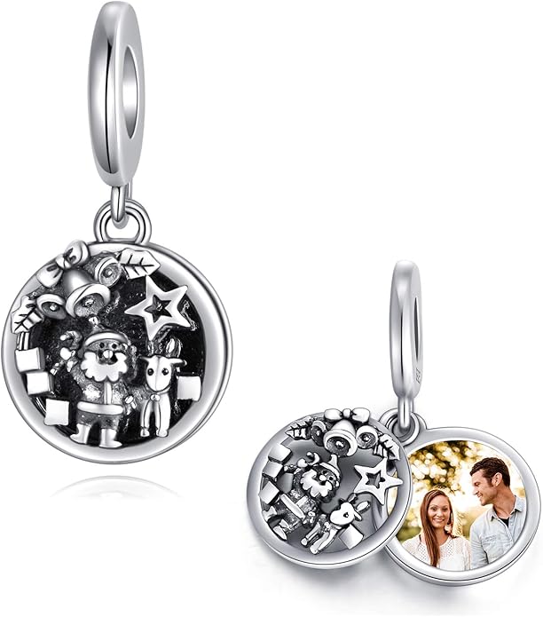 LONAGO 925 Sterling Silver Personalized Photo Charm Fit Compatible for Bracelet Necklace Customized Heart Round Shape Picture Bead