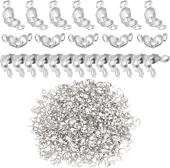 1500 Pieces Beads Tips Knot Covers Clamshell Crimp Tips Beads Set Calotte Ends Knot Covers Fold-Over Bead Covers for Jewelry Making DIY Bracelet Necklaces(Silver)