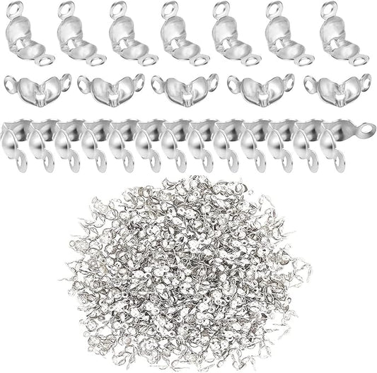 1500 Pieces Beads Tips Knot Covers Clamshell Crimp Tips Beads Set Calotte Ends Knot Covers Fold-Over Bead Covers for Jewelry Making DIY Bracelet Necklaces(Silver)