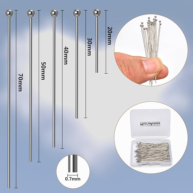 100pcs Silver Filled Ball Pins Non Tarnish Craft Earring Bracelet Jewelry Making Accessories Supplies (70mm (2.75in), Silver-Ball Pin)