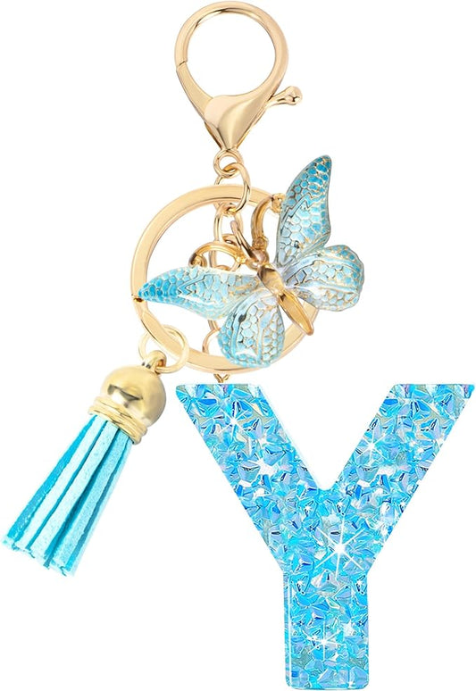Initial letter Keychains for Women Girls Tassel Butterfly Cute Keychain for Wallet Backpack charm