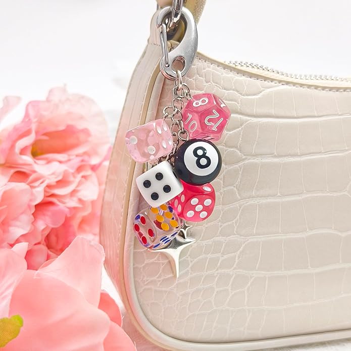 Y2K Keychain for Women, 8 Ball Dice Charm with Carabiner Clip - Cute Goth Core Keychain Bag Charm for Keys Bags Jeans