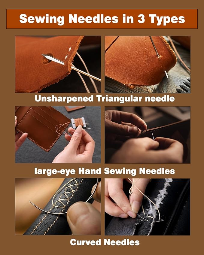 FOUSNOW 36 Pcs Heavy Duty Sewing Needles Kit, Curved Sewing Needles for Hand Sewing, Leather Sewing Needles with Wooden Sewing Needles Cushion, Needle Case for Leather Upholstery Repair Sewing