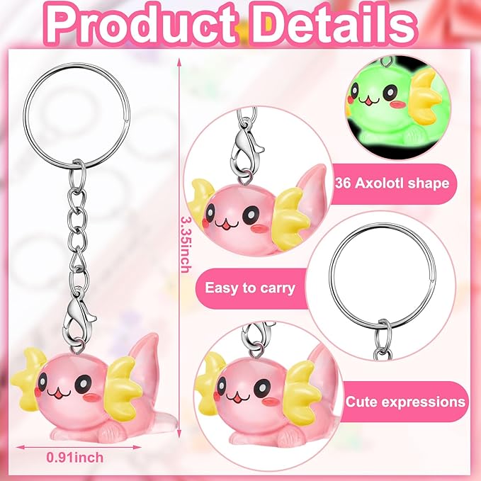 Liliful 36 Pcs Axolotl Keychains Resin Axolotl Party Supplies Mini Animal Key Chains Kawaii Salamander 3D Figurine Pendant