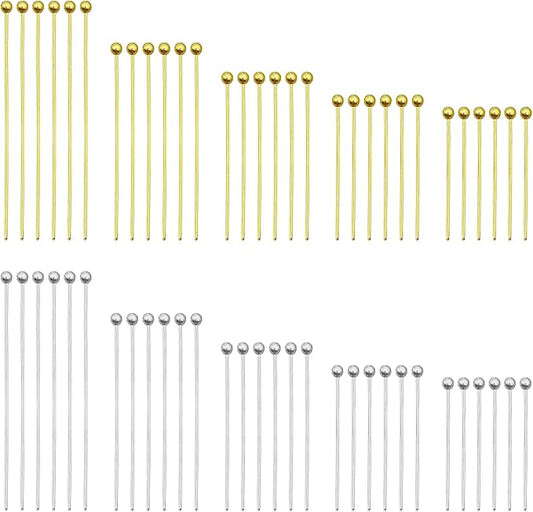 1000pcs Jewelry Head Pins Kit for Jewelry Making,Ball Head Pins Beading Pin Assorted Heads Pin Set Eye Pins Supplies for Earring Beading DIY Craft,18/20/24/30/35mm (Silver,Gold)