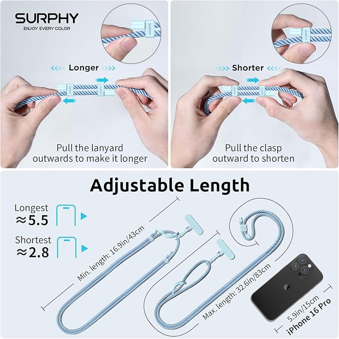 SURPHY Phone Lanyard, Adjustable Phone Strap Crossbody with 2 Pack Phone Tether Tab, Premium Metal Buckles and Two-Color Braided Cell Phone Lanyard Crossbody for Women and Men, Deep & Light Blue