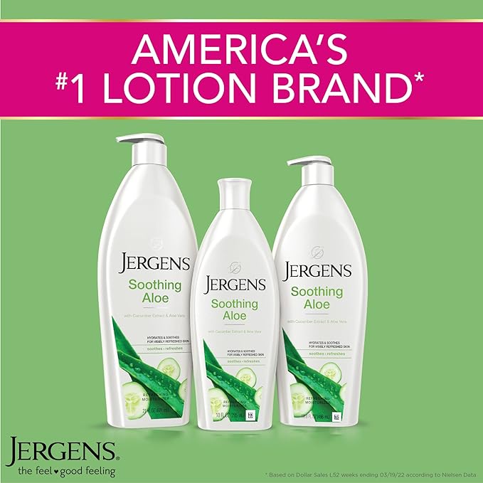 Jergens Soothing Aloe Refreshing Body Lotion, Aloe Vera Body and Hand Moisturizer, 21 Fl Oz, Illuminating Hydralucence Blend, with Cucumber Extract, Dermatologist Tested (Pack of 2)