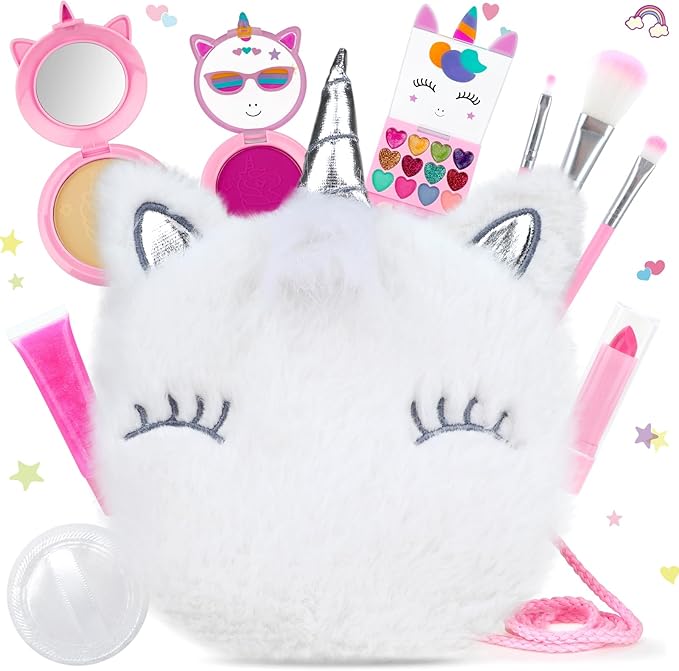 PERRYHOME Unicorn Cute Kids Makeup Set Washable Makeup Kit for Girl Gift with Mini Coin Purse - Real Cosmetic Non-Toxic Toddler Makeup Kit-Unicorn Toys for Girl - Birthday Unicorn Gift 3+（White）