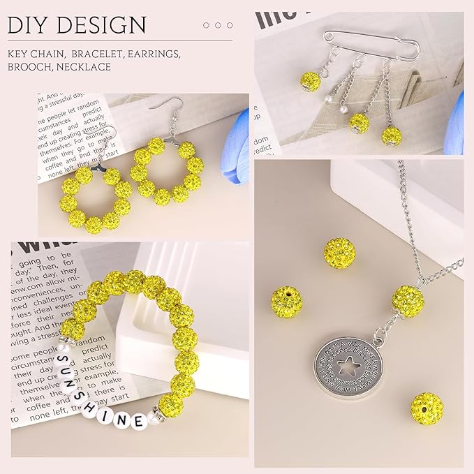 200 Pcs Citrine Rhinestone Beads for Jewelry Making, Sparkle Crystal Clay Christmas for Bracelet Baseball Necklace Earring Crafting and DIY, Shiny Round Shamballa Disco Ball Beads Bulk