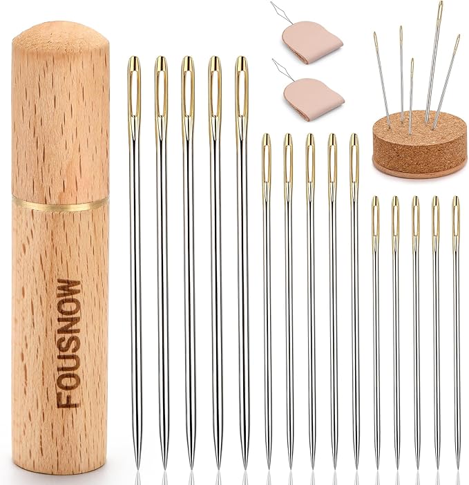 FOUSNOW 19 Pcs Hand Sewing Needles Kit, Assorted Sewing Needles with Wooden Sewing Needles Cushion, Needle Threaders for Hand Sewing, 3 Sizes Hand Stitching Needles for Sewing Repairing Craft