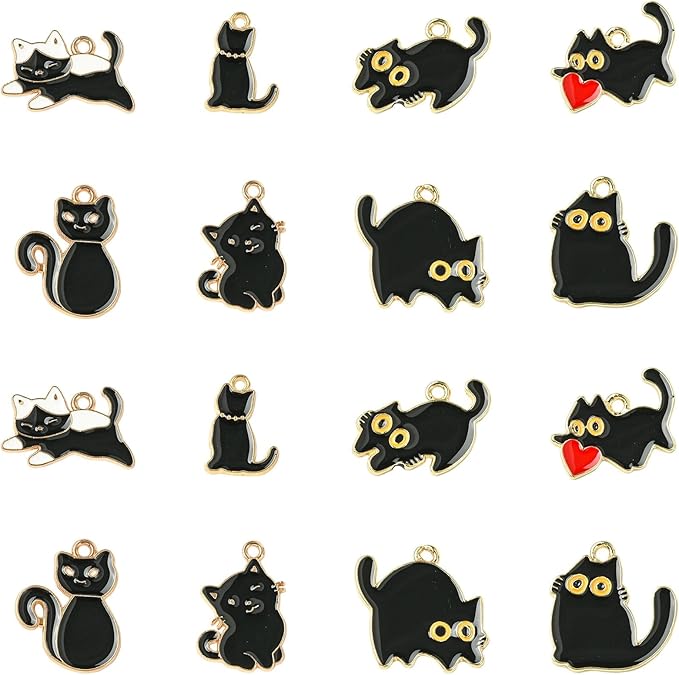 Stiesy 40 Pcs 8 Styles Enamel Black Cat Charms for Jewelry Making Kawaii Animal Kitten with Red Heart Dangle Charms Pendant Bulk for Crafting DIY Necklace Bracelet Earring Presents