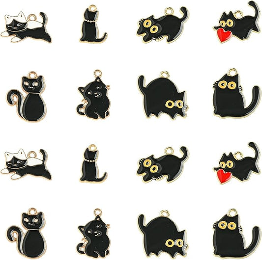 Stiesy 40 Pcs 8 Styles Enamel Black Cat Charms for Jewelry Making Kawaii Animal Kitten with Red Heart Dangle Charms Pendant Bulk for Crafting DIY Necklace Bracelet Earring Presents