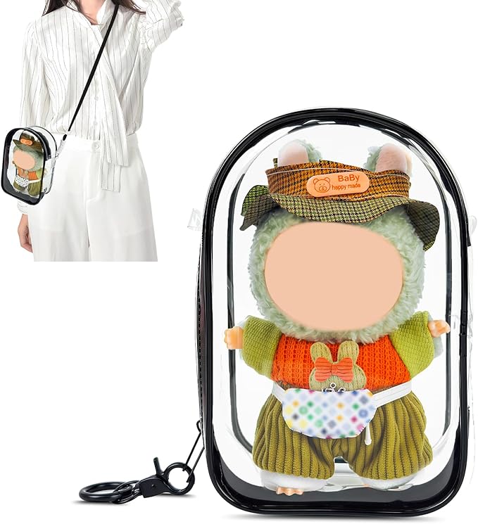 Large Clear Figure Display Bag with Keychain Case Blind Box Keychain Carrying Case, Portable Small Doll Storage Pouches PVC Bag (Black Standing)