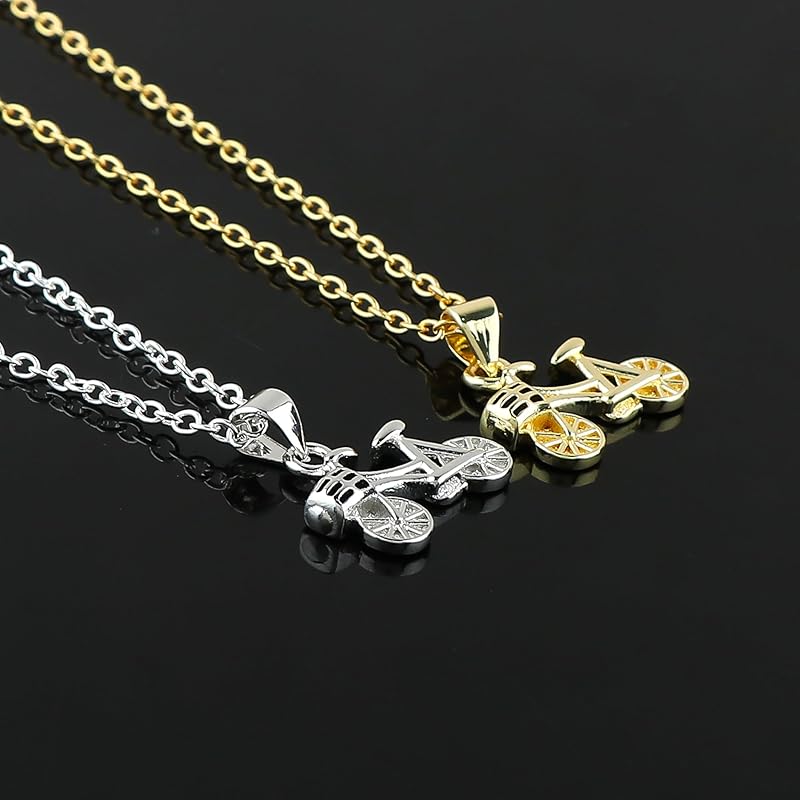 JOR Cycle Charm Pendant Necklace, Travel Lover Charm, Women Jewelry, Dainty Gold & Silver Plated Combo Chain 18 inch (Pack of 2)