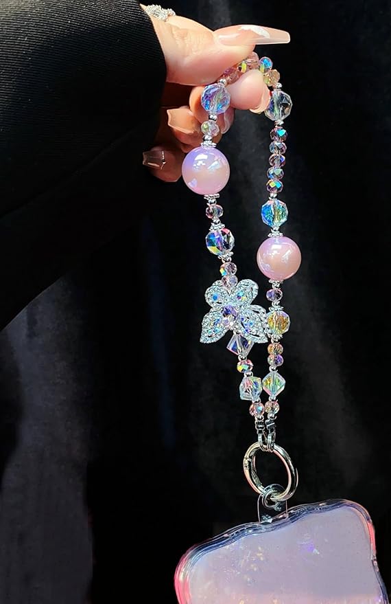 Crystal Butterfly Phone Charm, Pink Pearl Beaded Lanyard, Bling Shiny Wrist Strap Keychain for Purse Bags Car keys Earphones