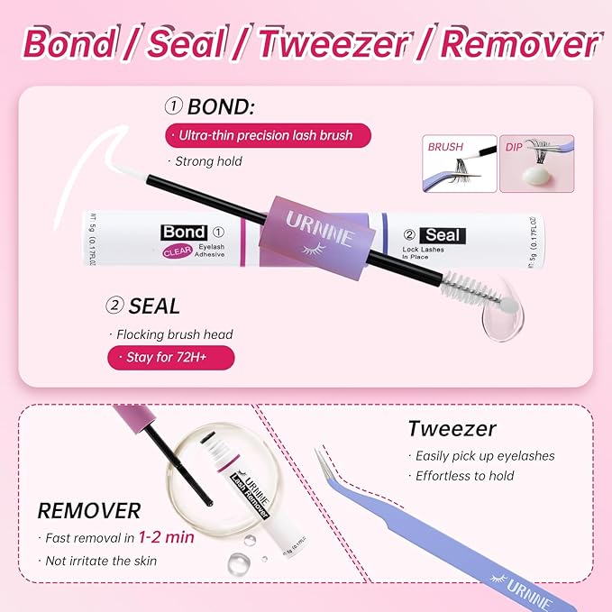 URNNE Lash Extension Kit 280PCS Eyelash Extension Kit 10-16mm Lash Clusters 40D+50D Lash Clusters Kit with Bond, Seal, Remover and Tweezers