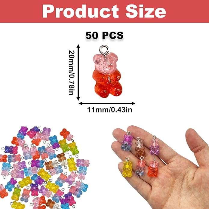 50PCS Little Bear Resin Pendants Charms, Gradient Multicolored Resin Pendant with Iron Loop, Animal Ornament, Kawaii Dangle Charms for Necklace Bracelet Earrings Jewelry Making DIY Crafts