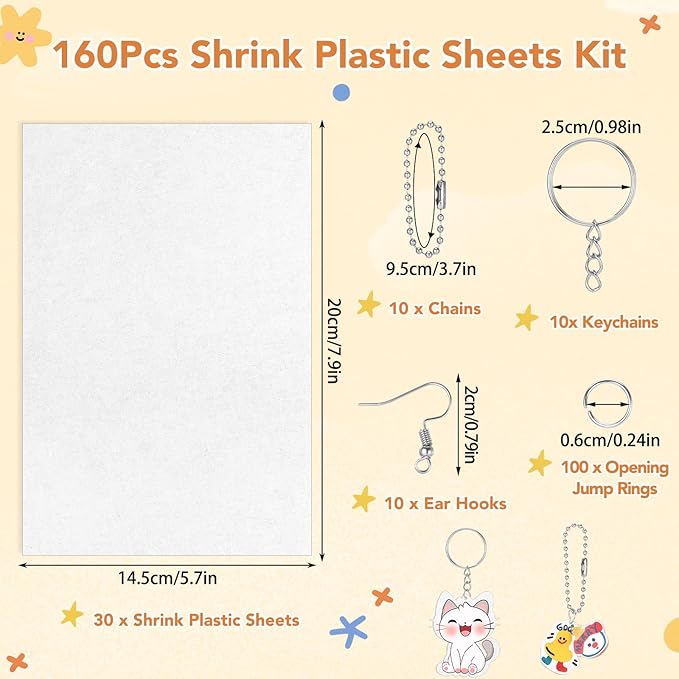Prudiut 155 Pcs Shrink Plastic Sheets Kit, Including 25Pcs Shrinky Art Paper with 130Pcs Accessories for Crafts DIY Keychain Making, for Adults Aged 14+