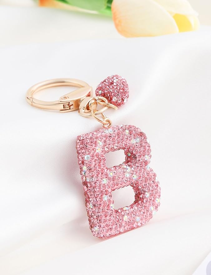Initial Keychain for Women Girls,Bling Letter Key chain Initial with Heart,Pink Keychain Charms for Backpack Handbag