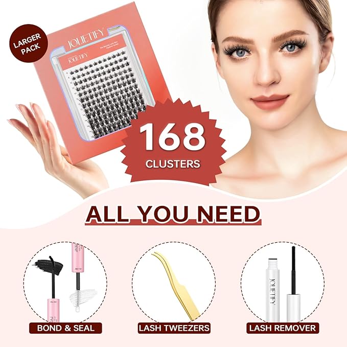 JOLIETIFY Lash Extension Kit, Natural Style, Spiky Wispy Faux Mink 8-16mm Clusters, Medium Glam Look, Soft & Fluffy, Individual Lashes with Waterproof Bond & Seal, Tweezers & Remover, Easy to Apply