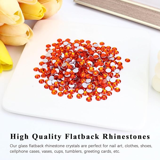 1440PCS SS16 Crystal Glass Flatback Rhinestones, Round Flat Back Crystal Gems for Nail Art and Craft Clothes, Glue Fix Diamond Stones Hyacinth/Orange Red (3.8-4.0mm)