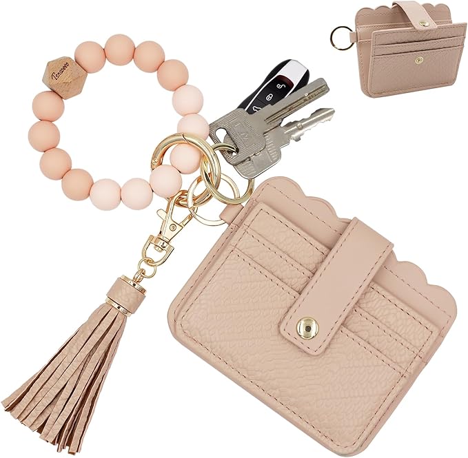 Keychain Wallet Wristlet Small Credit Card Holder Bracelet Key Chain Purse Bangle Tassel Beads Key Rings for Women