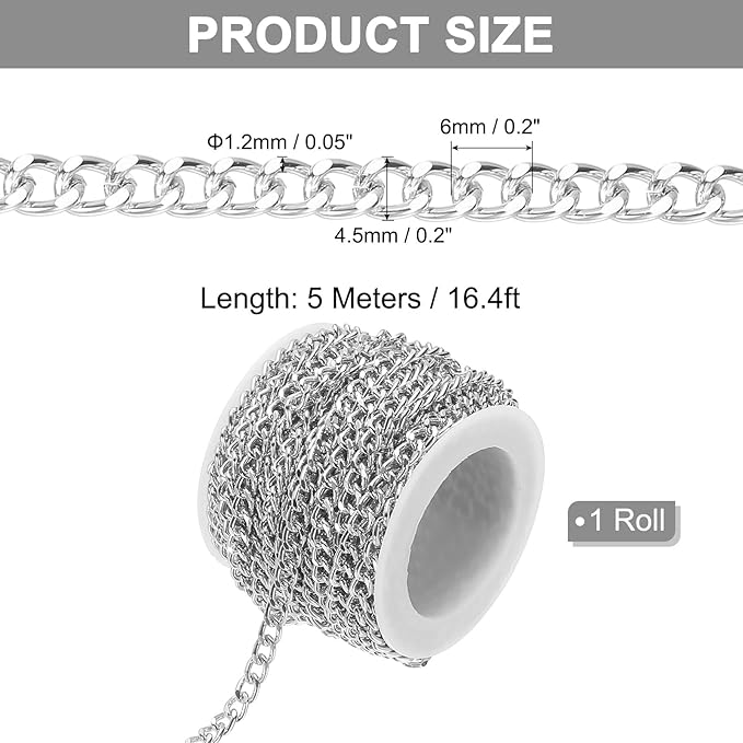 PATIKIL 16.4Ft Aluminium Curb Chains Twisted Links, 6x4.5mm Curb Chain Spool Jewelry Making Chains Craft Chain for Necklace Bracelet Earring, Silver