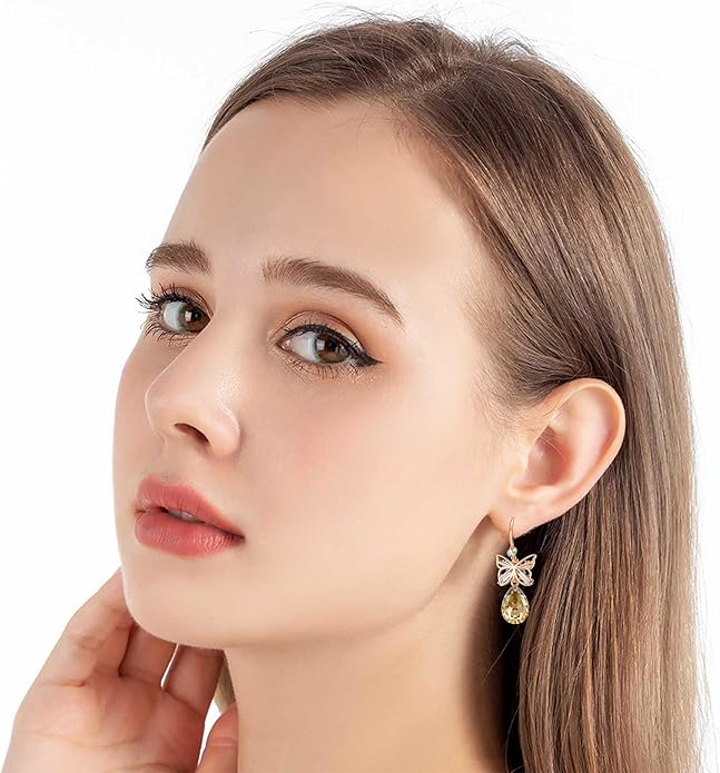 Austrian Crystal Teardrop Butterfly Drop Dangle Earrings for Women 14K Rose Gold Plated Hypoallergenic Jewelry