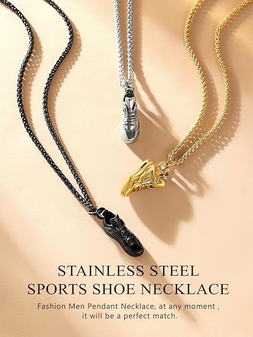Bestyle Sneaker Shoe Necklace for Men, Chunky Vintage Black Gold Shoe Pendant Cool Cute Sport Jewelry for Brother Husband