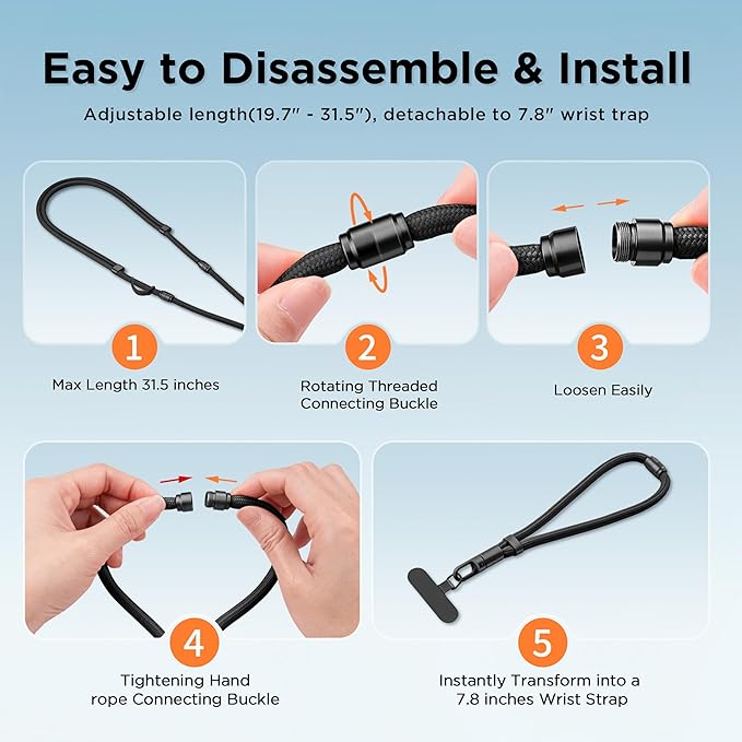 3-in-1 Cell Phone Lanyard 1 Pack + Wrist Strap 1 Pack - Convertible Crossbody Strap with Locking Knob Friendly, Adjustable Neck Lanyard for Gym/Work/Travel Essentials(Black)