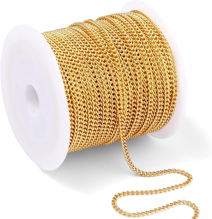 66 Feet 18K Gold Plated Curb Chains Roll, 1.5 mm 304 Stainless Steel Gold Flat Twisted Links Chains Bulk Spool for Jewelry Making DIY Craft