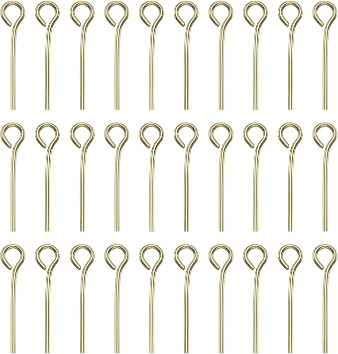 HARFINGTON 100pcs Open Eye Head Pins 0.63" 16mm Mini Metal Wire Eye Pins Beading Small Needles Bulk for Earring Pendant Necklace Bracelet Charm Jewelry Making Findings DIY Craft, 14K Gold