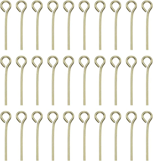 HARFINGTON 100pcs Open Eye Head Pins 0.63" 16mm Mini Metal Wire Eye Pins Beading Small Needles Bulk for Earring Pendant Necklace Bracelet Charm Jewelry Making Findings DIY Craft, 14K Gold