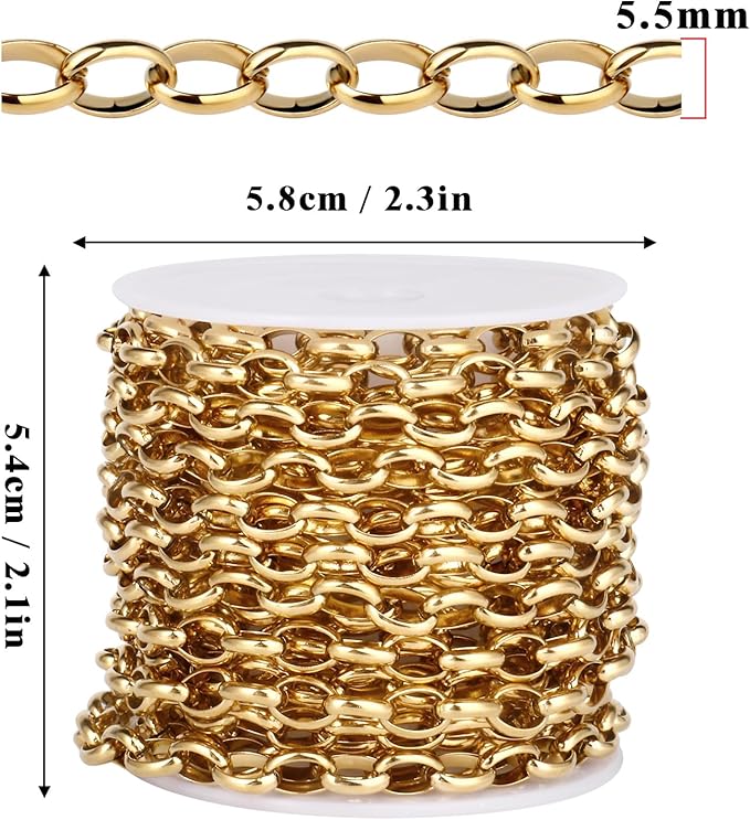 16.5FT Gold Oval Rolo Chains Roll, 5.5mm Width 18K Gold PVD Plated 304 Stainless Steel Oval Cable Link Chain Bulk Spool for Jewelry Making DIY Craft