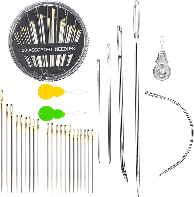 Eketirry 37 Pack Hand Sewing Needles Kit, 30-Assorted Sewing Needles & 7 Pack Heavy Duty Curved Needles with Threaders for Household Sewing, Leather, Upholstery, Carpet, Canvas & Fabric Repair