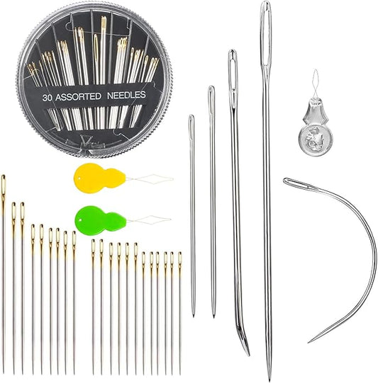 Eketirry 37 Pack Hand Sewing Needles Kit, 30-Assorted Sewing Needles & 7 Pack Heavy Duty Curved Needles with Threaders for Household Sewing, Leather, Upholstery, Carpet, Canvas & Fabric Repair
