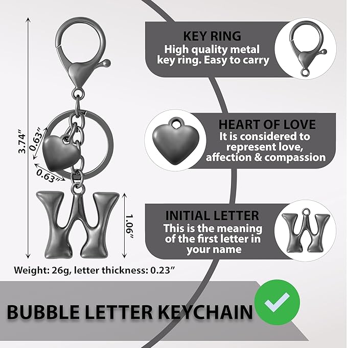 Heart Bubble Letter Keychain for Women, Girls - Cute Keychain with Initial - Alphabet Keychain for Bag Charm, Handbag