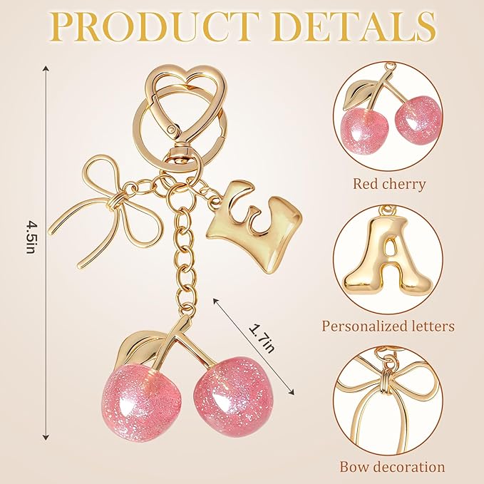 Snycler Bubble Initial Keychain with Cherry & Bow - Gold Letter Bag Charms for Women, Cute Purse Handbag Accessories