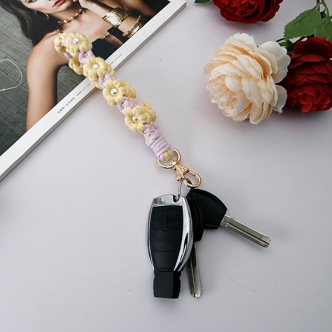 Macrame Keychain Handmade Wristlet Keychain Wrist Lanyard for Keys Cute flower keychain Key Chain for Women